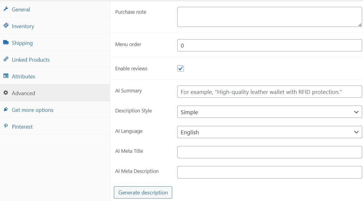 Fill product advanced fields